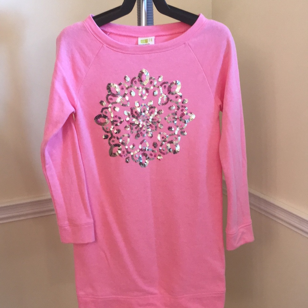 Girls Pink Sweatshirt Dress w/Silver Sequin Design